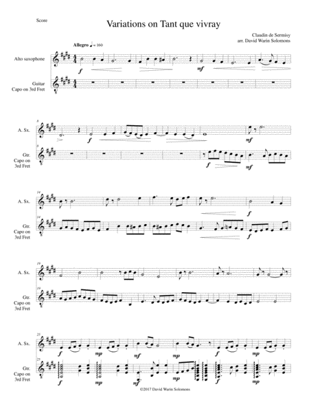 Variations On Tant Que Vivray For Alto Saxophone And Guitar Sheet Music