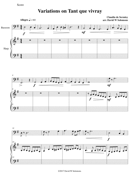 Free Sheet Music Variations On Tant Que Vivray For Bassoon And Harp