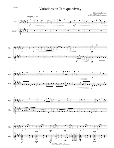 Variations On Tant Que Vivray For Cello And Guitar Sheet Music