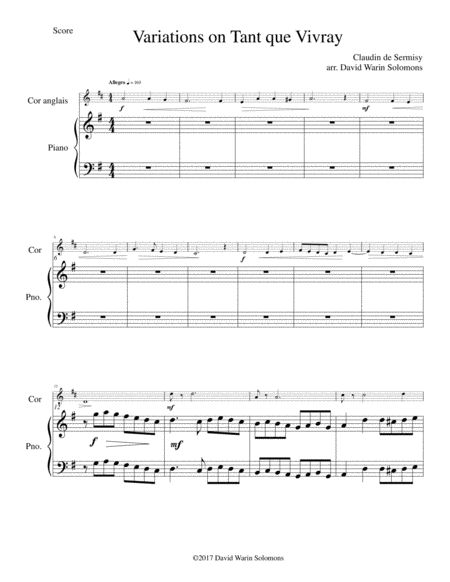 Variations On Tant Que Vivray For Cor Anglais And Piano Sheet Music