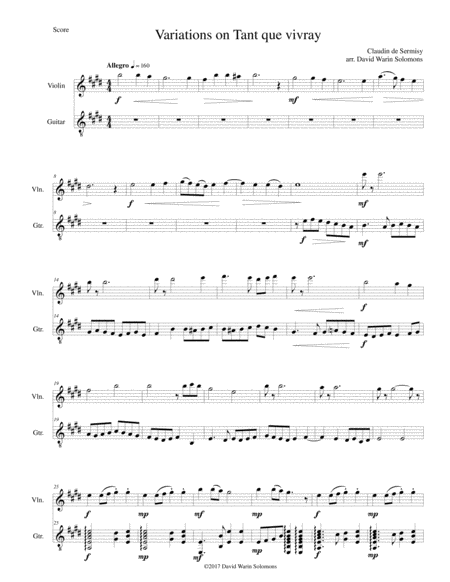 Variations On Tant Que Vivray For Violin And Guitar Sheet Music