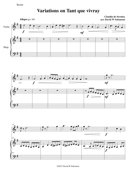 Variations On Tant Que Vivray For Violin And Harp Sheet Music