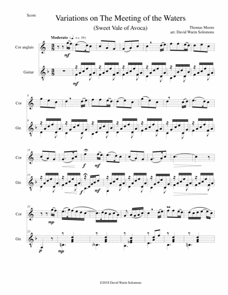 Variations On The Meeting Of The Waters Sweet Vale Of Avoca For Cor Anglais And Guitar Sheet Music