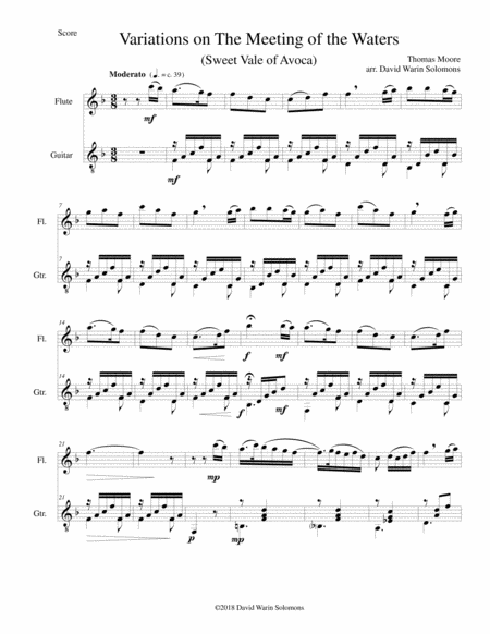 Variations On The Meeting Of The Waters Sweet Vale Of Avoca For Flute And Guitar Sheet Music