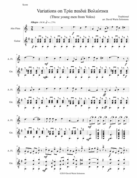 Free Sheet Music Variations On Tria Paidia Voliotika Three Young Men From Volos For Alto Flute And Guitar