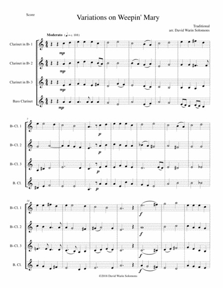 Free Sheet Music Variations On Weepin Mary For Clarinet Quartet