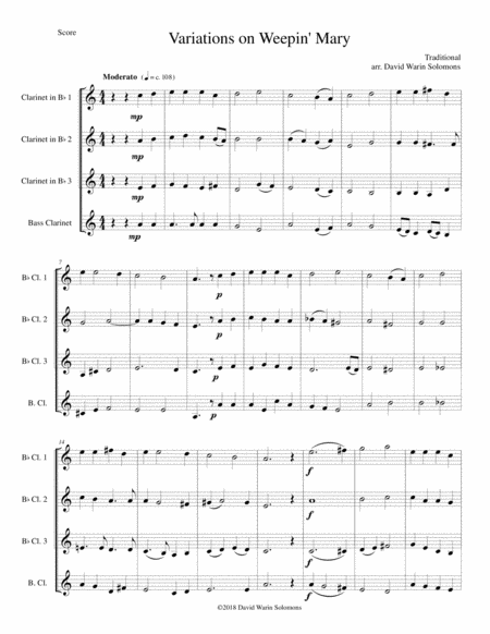 Variations On Weepin Mary For Clarinet Quartet Sheet Music