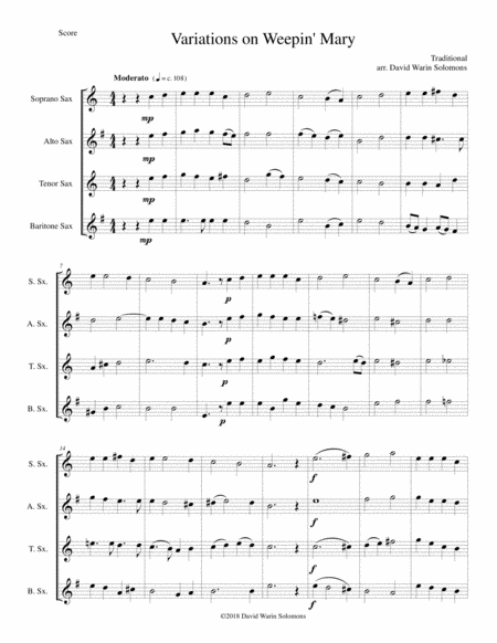 Variations On Weepin Mary For Saxophone Quartet Sheet Music