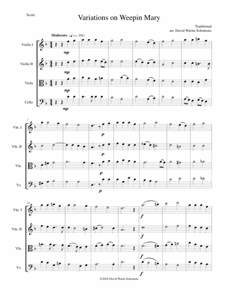 Variations On Weepin Mary For String Quartet Sheet Music