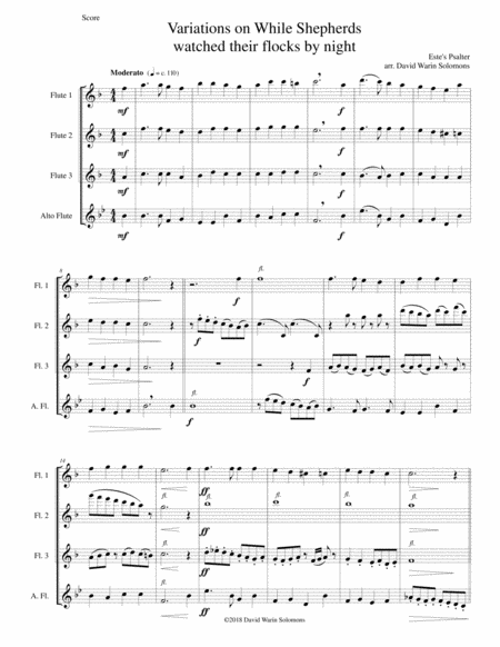 Variations On While Shepherds Watched Their Flocks By Night For Flute Quartet 3 Flutes And 1 Alto Flute Sheet Music