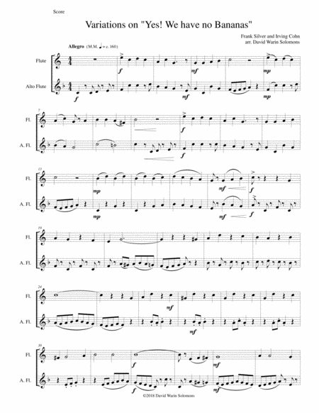 Free Sheet Music Variations On Yes We Have No Bananas For Flute And Alto Flute