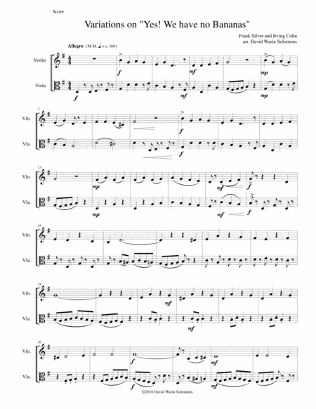 Free Sheet Music Variations On Yes We Have No Bananas For Violin And Viola