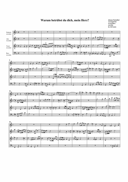 Varum Betruebst Du Dich Mein Herz Arrangement For 4 Recorders Sheet Music