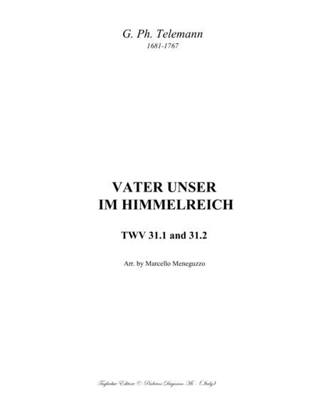 Free Sheet Music Vater Unser Im Himmelreich Telemann Twv 31 1 And 31 2 Arr For Organ