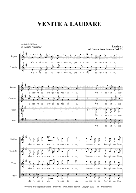 Free Sheet Music Venite A Laudare Laudario Cortonese Arr For Satb Choir