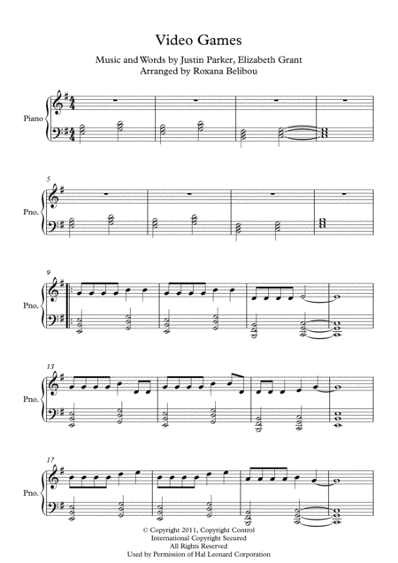 Video Games E Minor By Lana Del Rey Piano Sheet Music