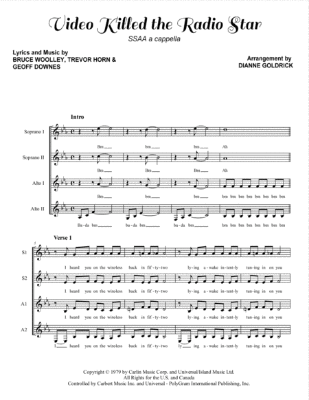 Video Killed The Radio Star Ssaa A Cappella Sheet Music