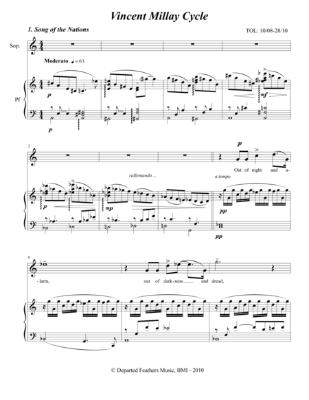 Vincent Millay Cycle 2010 For Soprano And Piano Sheet Music