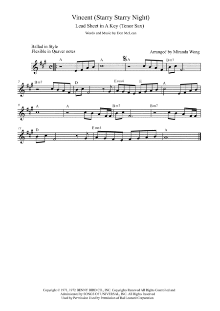 Vincent Starry Starry Night Lead Sheet In A Key With Chords Sheet Music