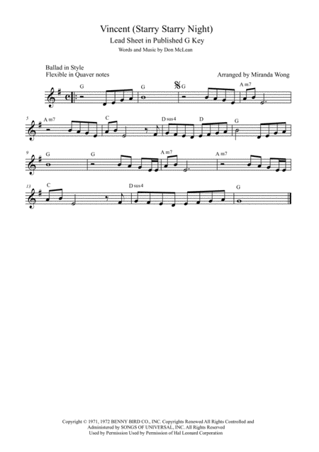 Free Sheet Music Vincent Starry Starry Night Lead Sheet In Published G Key With Chords