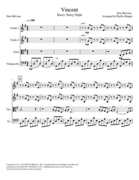 Free Sheet Music Vincent Starry Starry Night String Quartet