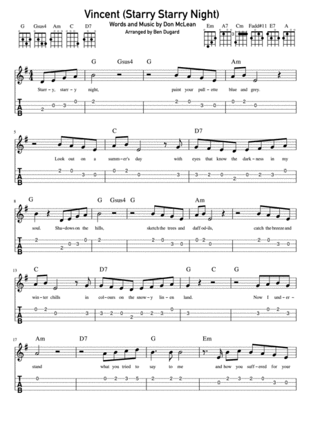 Free Sheet Music Vincent Starry Starry Night Ukulele Tablature