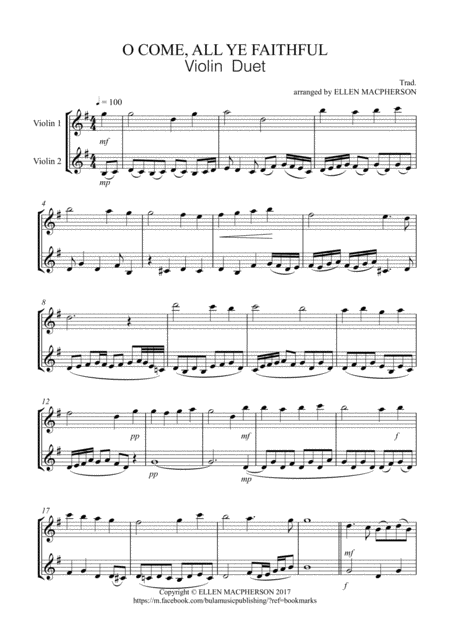 Free Sheet Music Violin Duet O Come All Ye Faithful