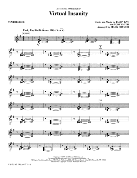 Virtual Insanity Arr Mark Brymer Synthesizer Sheet Music