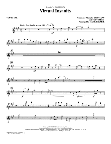 Virtual Insanity Arr Mark Brymer Tenor Saxophone Sheet Music