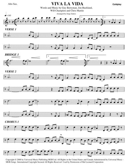 Free Sheet Music Viva La Vida Alto Sax