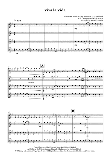 Viva La Vida By Coldplay Saxophone Quartet Satb Sheet Music