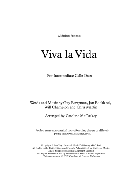 Viva La Vida Cello Duet Sheet Music