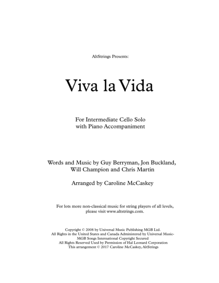 Viva La Vida Cello Solo With Piano Accompaniment Sheet Music