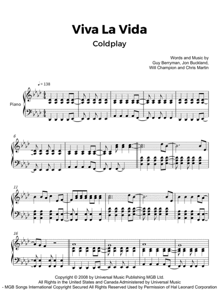 Viva La Vida Coldplay Piano Sheet Music Sheet Music