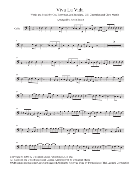 Viva La Vida Easy Key Of C Cello Sheet Music