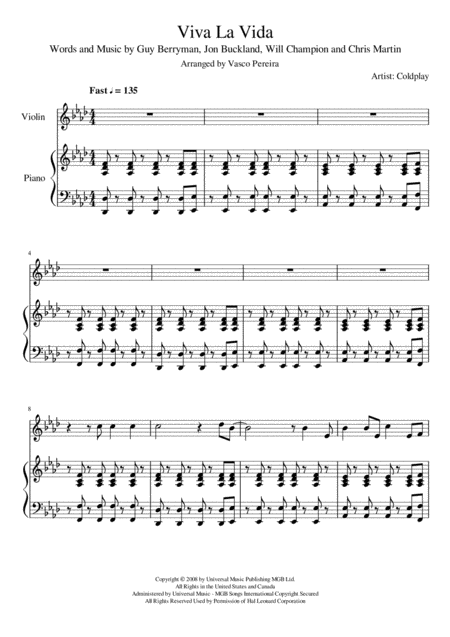 Viva La Vida For Piano And Violin Sheet Music