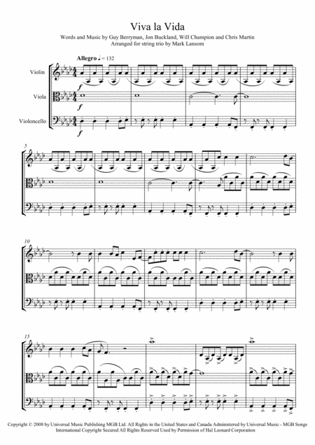 Viva La Vida For String Trio Sheet Music