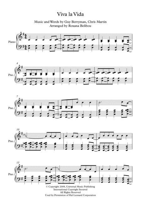 Viva La Vida G Major By Coldplay Piano Sheet Music