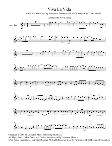 Viva La Vida Original Key Alto Sax Sheet Music