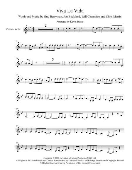 Free Sheet Music Viva La Vida Original Key Clarinet