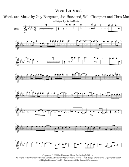 Viva La Vida Original Key Oboe Sheet Music