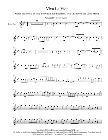 Free Sheet Music Viva La Vida Original Key Tenor Sax