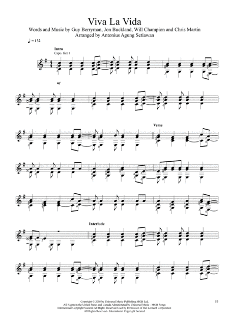 Viva La Vida Solo Guitar Score Sheet Music