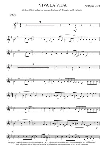 Free Sheet Music Viva La Vida Solo Oboe Piano