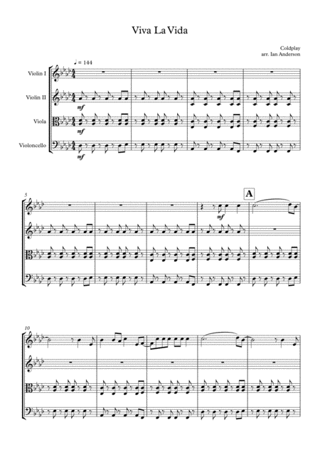 Viva La Vida String Quartet Sheet Music