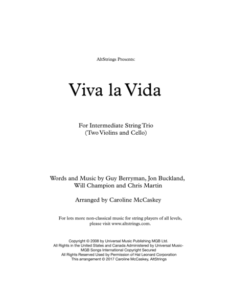 Viva La Vida String Trio Two Violins And Cello Sheet Music