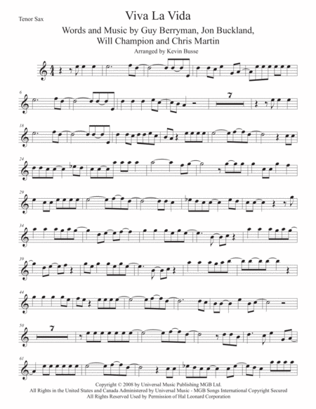 Viva La Vida Tenor Sax Sheet Music