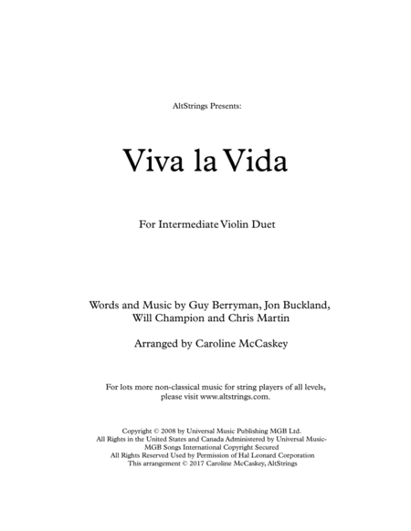 Viva La Vida Violin Duet Sheet Music