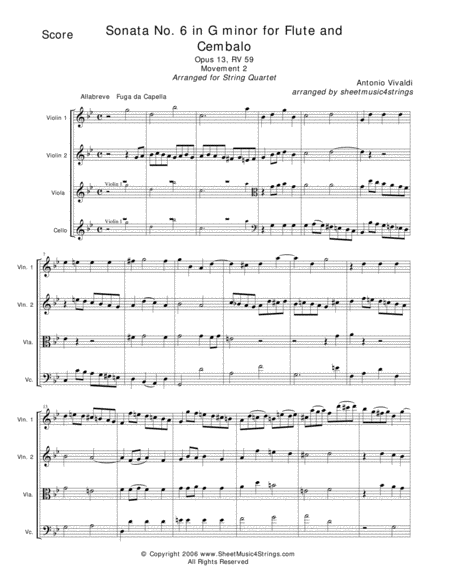 Vivaldi A Sonata No 1 Mvt 2 For String Quartet Sheet Music