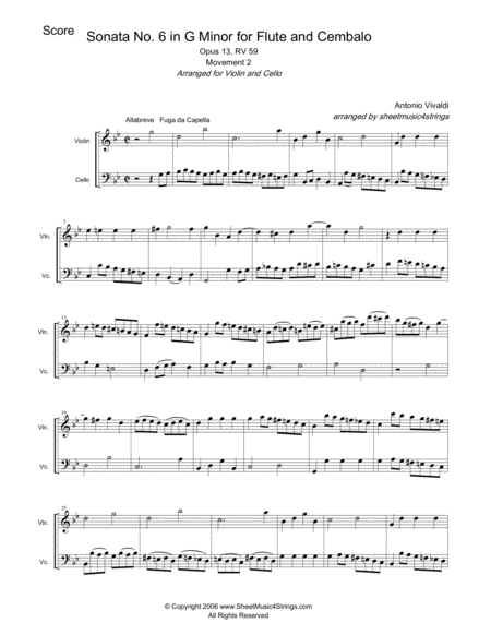 Vivaldi A Sonata No 1 Mvt 2 For Violin And Cello Sheet Music